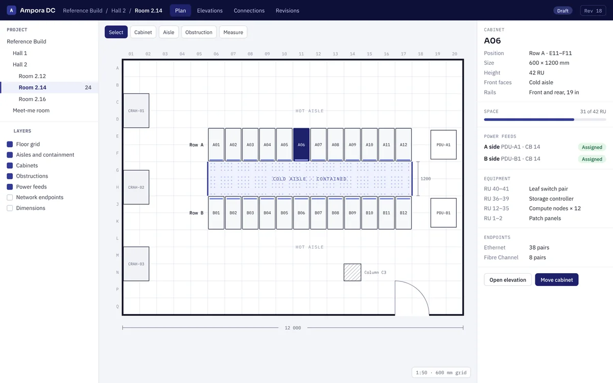 Ampora DC room plan showing two rows of twelve cabinets either side of a contained cold aisle, with cooling units, PDUs and a column, and the selected cabinet's details in a side panel