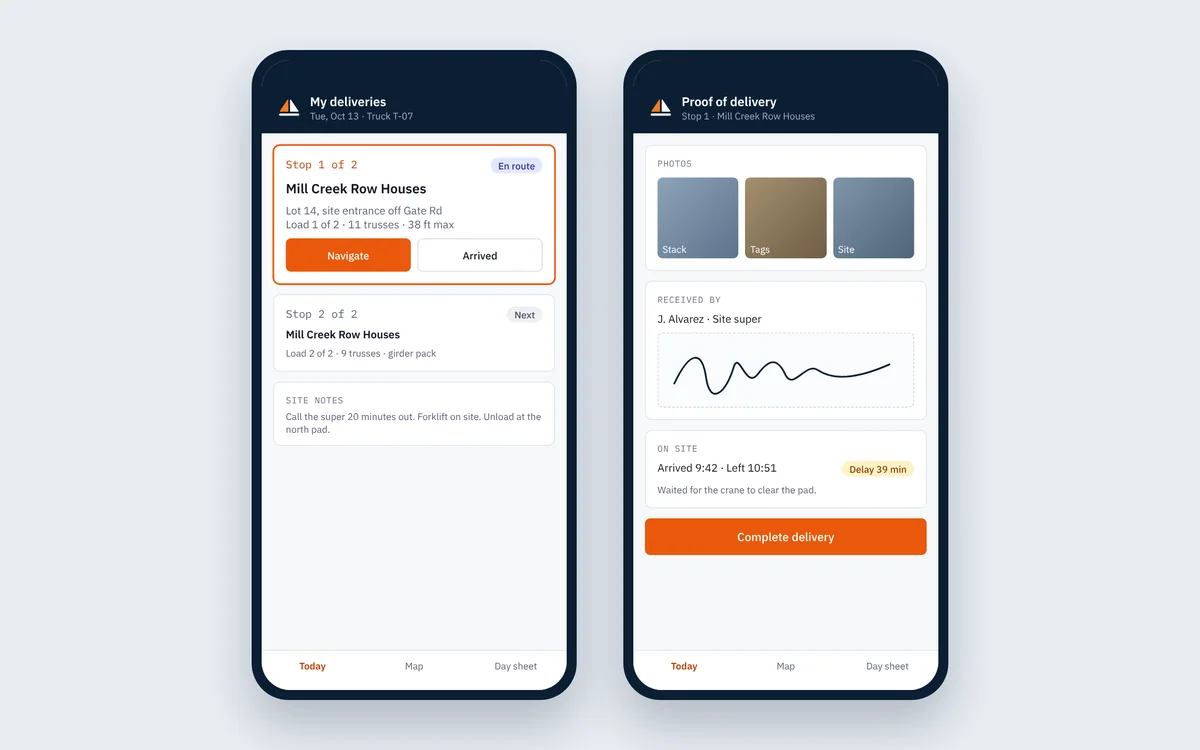 Two phone screens from the SpanRelay driver app: the day's stops with navigation, and a proof of delivery with photos, a signature and an on-site delay